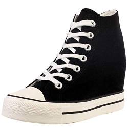 zpllsbratos Damen Keilabsatz Canvas Sneaker High Top Plateau Turnschuhe Freizeit Schuhe Stifelleten(Schwarz,38) von zpllsbratos