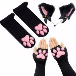 ztowoto Niedliche Katzenpfotenpolster-Schenkelstrümpfe,rosa 3D-Kätzchenklauenfäustlinge,lange fingerlose Handschuhe für Mädchen,Frauen,Katze,Cosplay (Schwarz-1) von ztowoto