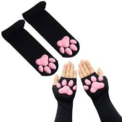 ztowoto Süße Katze Pfote Pad Oberschenkel Hohe Socken, Rosa 3D Kätzchen Klaue Fäustlinge Lange Fingerlose Handschuhe für Mädchen Frauen Katze Cosplay von ztowoto