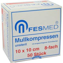 MULLKOMPRESSEN ES 10x10 cm unsteril 8fach 50 St Kompressen von FESMED Verbandmittel GmbH
