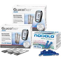 Glucofast Duo 2 x Blutzucker-Teststreifen und Nodolo Lanzetten im Kombiset von Glucofast