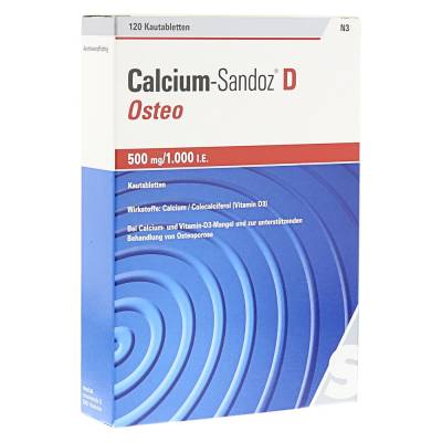 "Calcium-Sandoz D Osteo 500mg/1000 I.E. Kautabletten 120 Stück" von "Hexal AG"