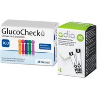 adia 50 Blutzuckerteststreifen, 100 Lanzetten für die Blutzuckermessung mit adia von diabetikerbedarf