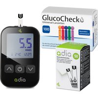 adia Blutzuckerteststreifen (60 Stück) mit Messgerät (mmol/L) und 110 Lanzetten als Komplett-Set von diabetikerbedarf